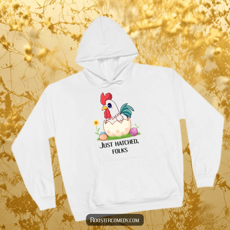 Funny surprise rooster Easter hoodie, wide eyes, popping out of egg, cozy spring wear, great funny gift.
