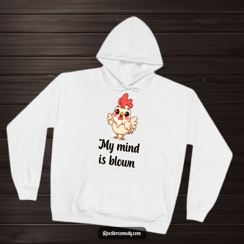 Funny Surprised Rooster Hoodie, warm sweatshirt with a shocked rooster, wide eyes and ruffled feathers, comfortable and funny apparel.