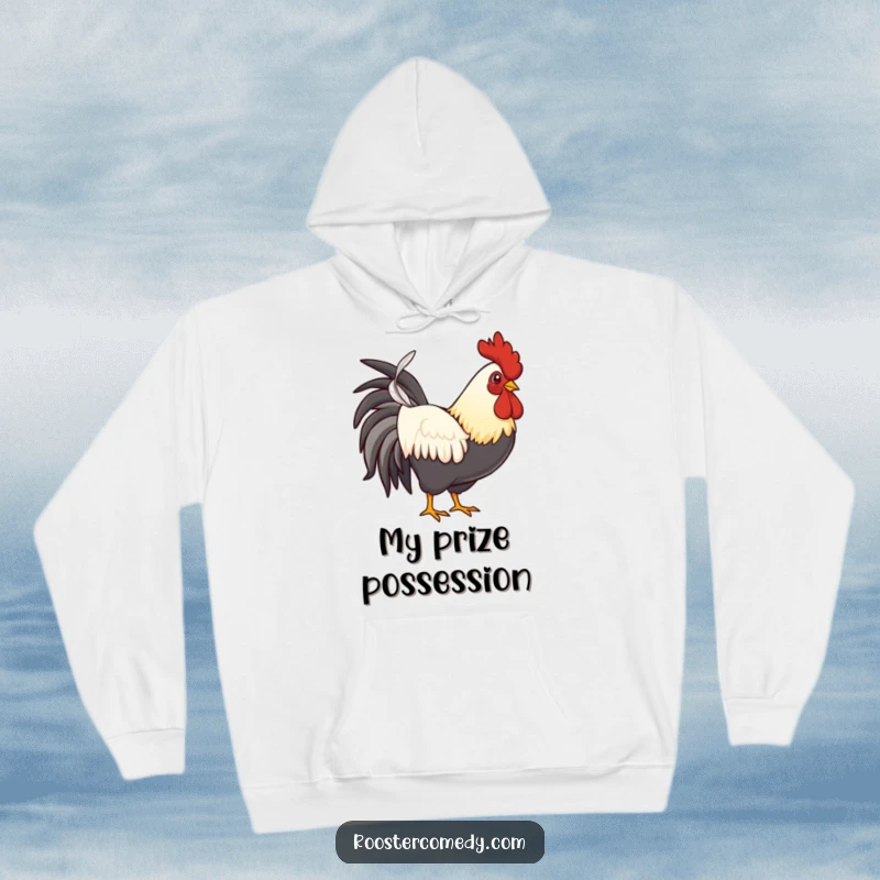 Funny proud rooster hoodie, a cozy sweatshirt featuring a rooster confidently presenting one feather.