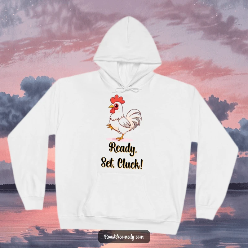 Funny rooster hoodie, a playful bird tapping its foot, poised for a sprint, embodying energetic anticipation and comfort.