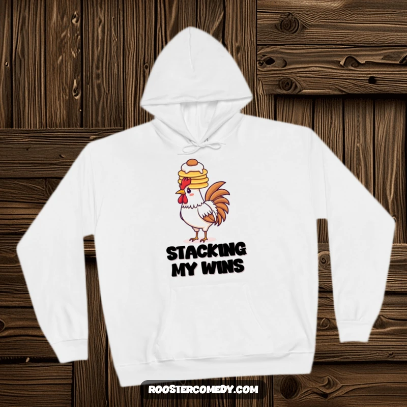 Funny pancake rooster hoodie, balancing pancakes on head, breakfast, cozy wear, great funny gift.