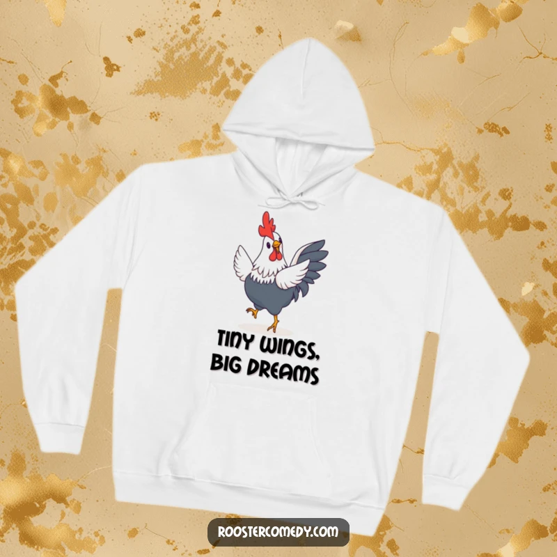 Funny Rooster Hoodie: A delightful image of a rooster with comically small wings performing an enthusiastic happy jig, spreading cheer.