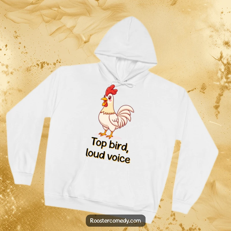 Funny proud rooster hoodie, warm and cozy, standing tall and crowing, cheerful farmer style, perfect funny gift.