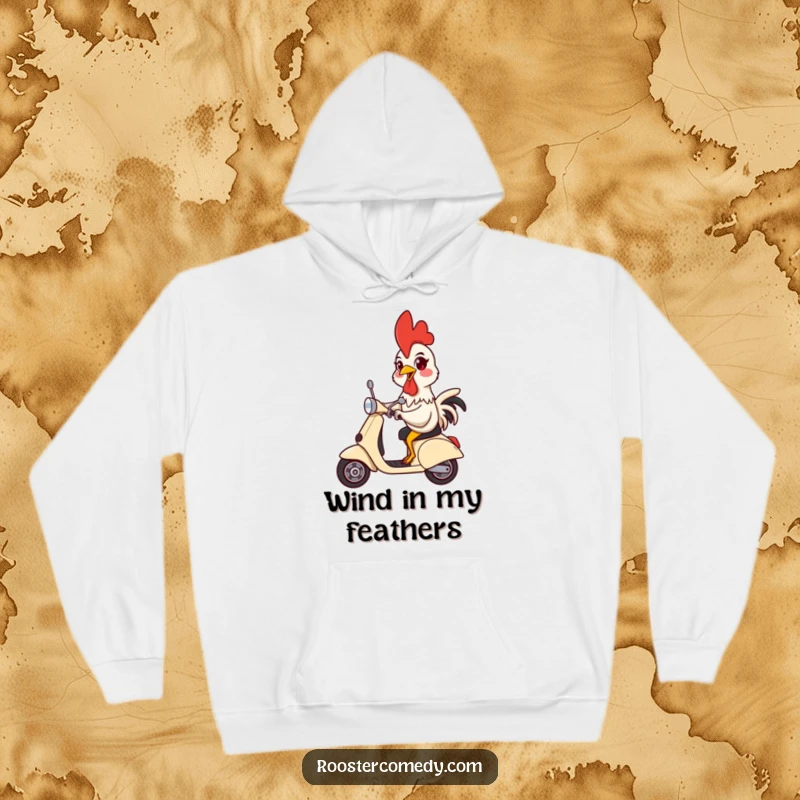 Funny hoodie showing a rooster with a silly expression riding a scooter, perfect for cozy adventures.