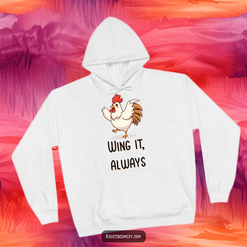 Funny cute rooster hoodie, dancing with wings spread, energetic and fun, cozy apparel, perfect funny gift.