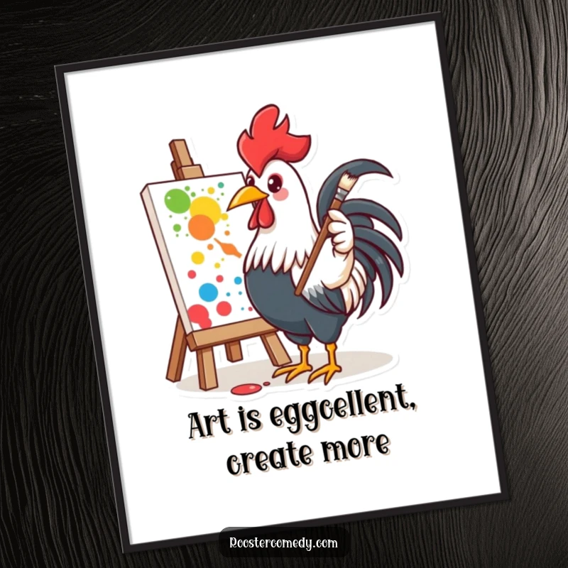 Funny free printable wall art: a rooster enthusiastically wielding a paintbrush, splattering colorful paint onto a blank canvas.