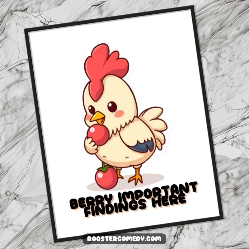 Funny Free Printable Wall Art: Kawaii rooster happily pecks a shiny berry, creating cheerful decor.