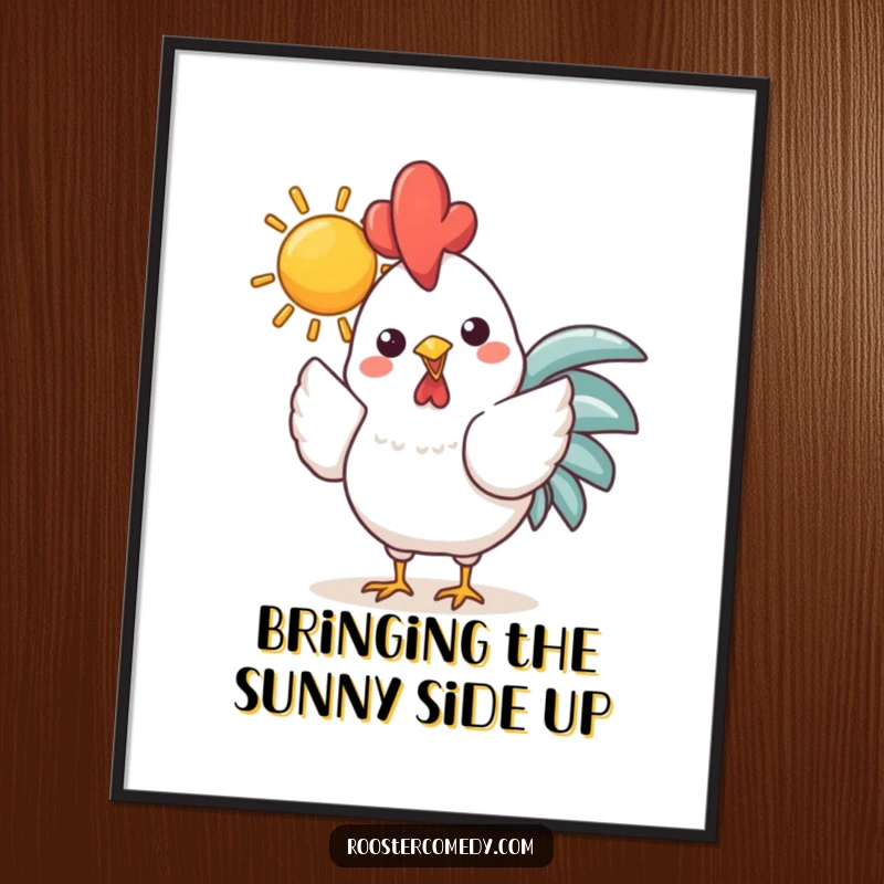 Funny Free Printable Wall Art: Happy Kawaii Rooster holding a bright, cheerful sun in its beak, spreading light, a positive downloadable piece.