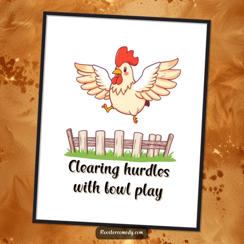 Funny Free Printable Wall Art: A rooster with wings spread wide leaps high over a small fence, appearing free and energetic.