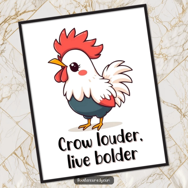 Funny Free Printable Wall Art: A cute Kawaii rooster with a spiky feather crown loudly crowing with excitement.