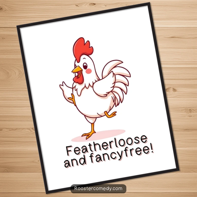 Funny Free Printable wall art: A kawaii rooster doing a hilariously energetic and silly jig with its feet, radiating pure, unadulterated joy.