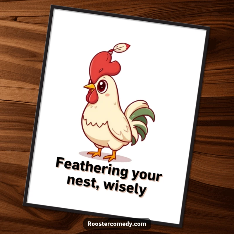 Funny Free Printable Wall Art: A surprised rooster with huge eyes gazes upward at a single floating feather.