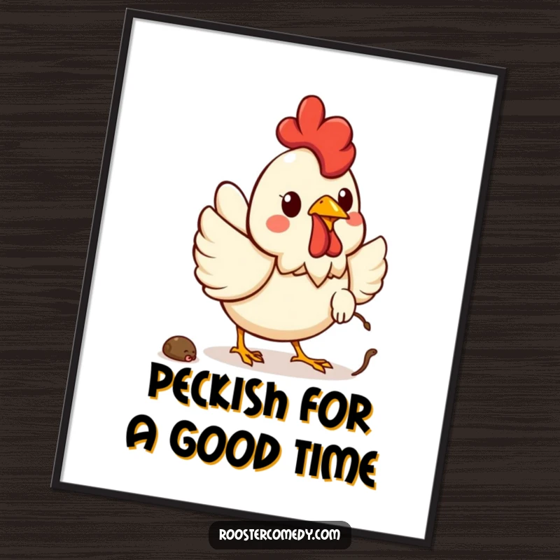 Free Printable Wall Art of a happy Kawaii rooster enthusiastically chasing a worm, bringing animated charm to your walls.