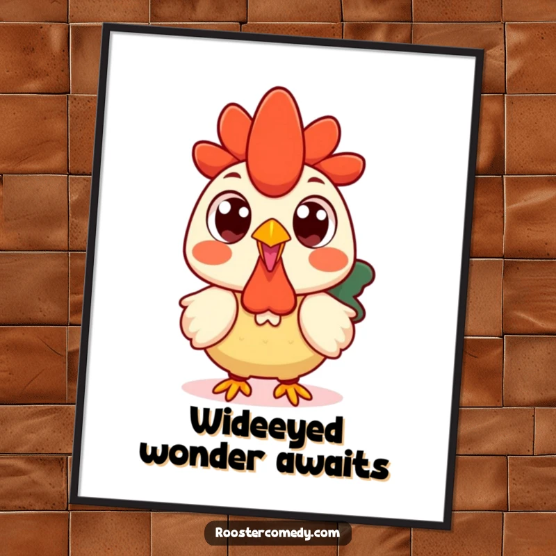 Free Printable Wall Art of a Kawaii rooster with comically large, round eyes, looking hilariously surprised, perfect for quirky spaces.