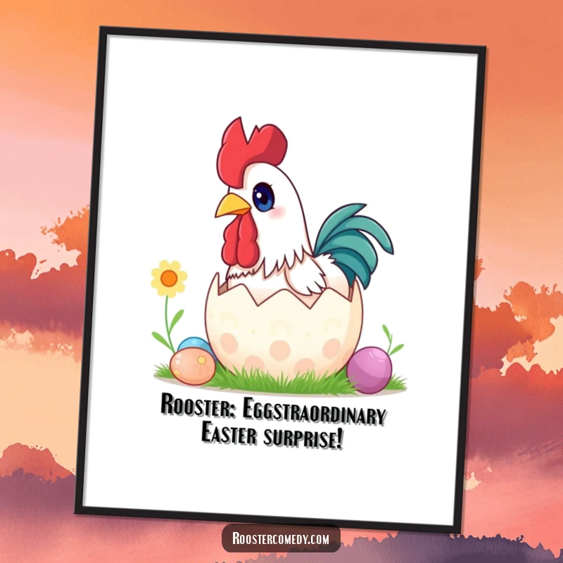 Funny Free Printable Wall Art of a rooster with wide eyes popping out of a large, decorative Easter egg.