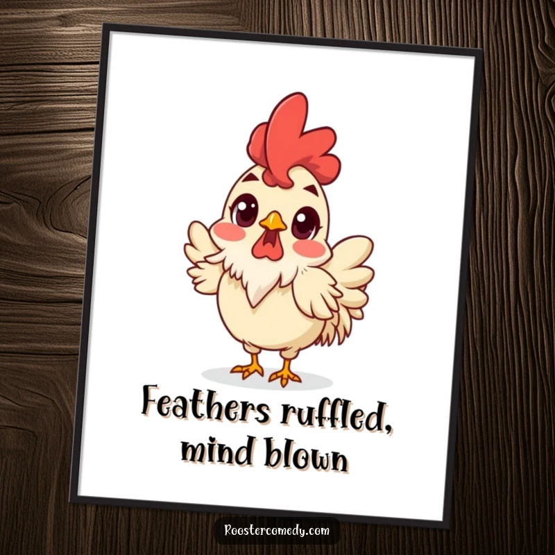 Funny Free Printable Wall Art: A rooster with wide, startled eyes and playfully ruffled feathers.