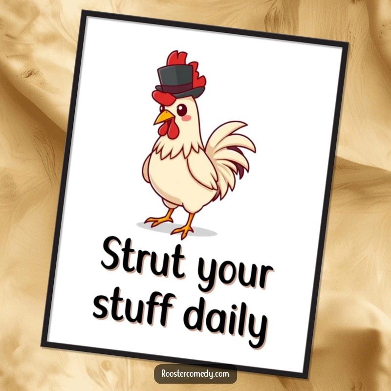 Funny Free Printable Wall Art: A rooster confidently struts, wearing a tiny top hat, exuding sophistication and farmyard charm.