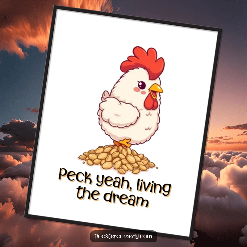 Funny Free Printable Wall Art: A fluffy rooster happily pecking at a pile of shiny seeds, creating a cheerful scene.