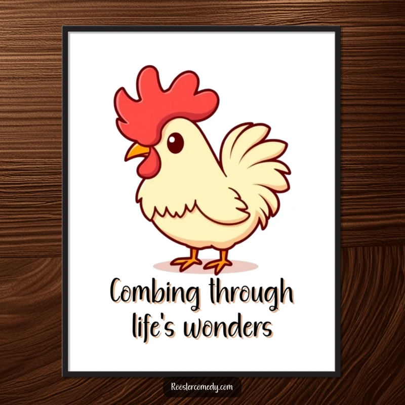 Funny Free Printable Wall Art: A kawaii rooster with its comb tilted curiously, inviting a moment of gentle contemplation.