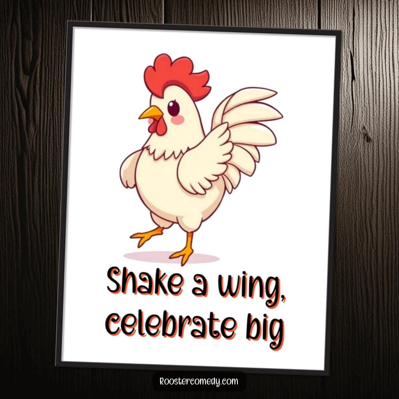 Funny Free Printable Wall Art: A kawaii rooster captured mid-silly dance, wings flailing joyfully in a comical display.