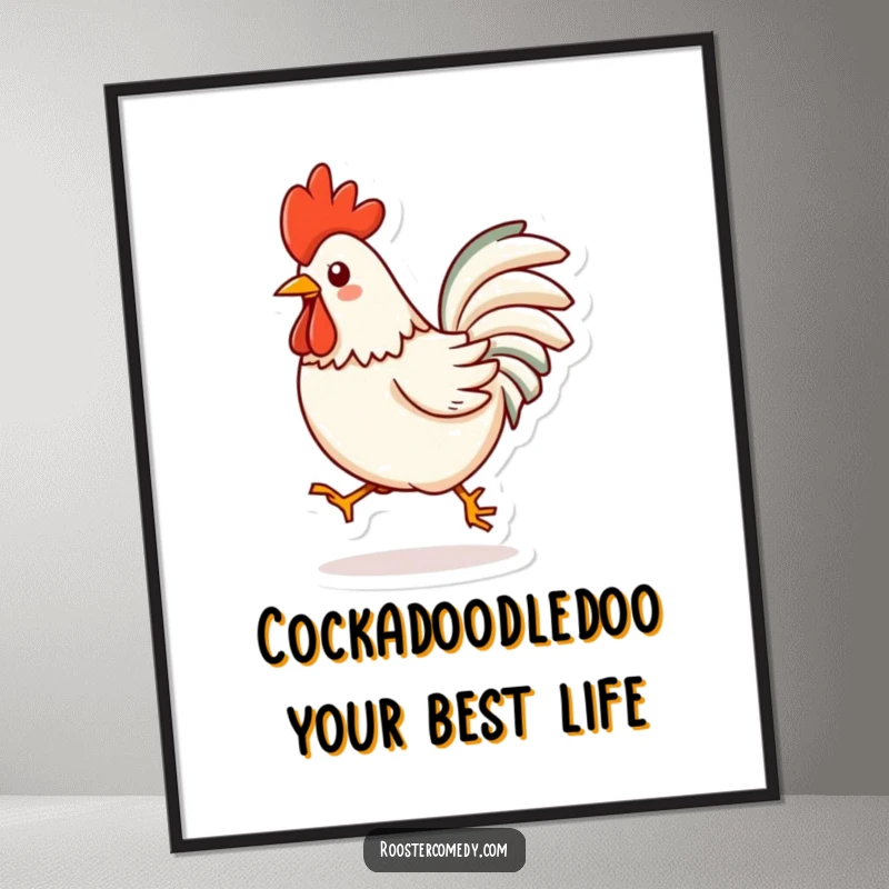 Funny Free Printable Wall Art: A whimsical kawaii rooster captured mid-hop, radiating pure joy and playful energy.