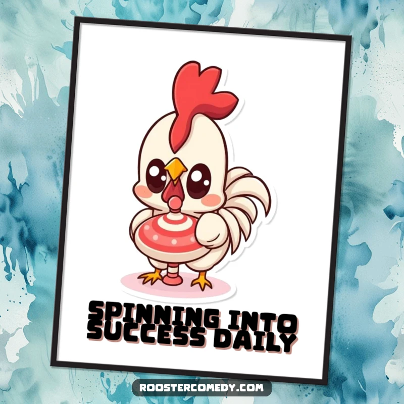 Funny Free Printable Wall Art: A kawaii rooster with incredibly wide eyes, completely spellbound by a spinning top.