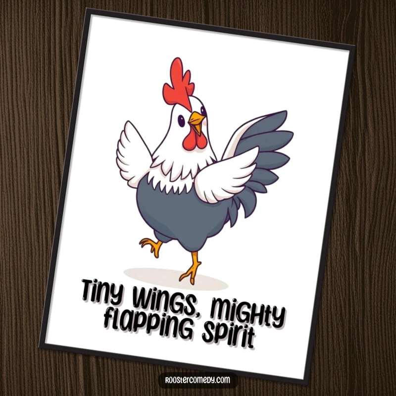 Funny Free Printable Wall Art: A whimsical rooster with small flapping wings doing a joyful dance, full of personality.
