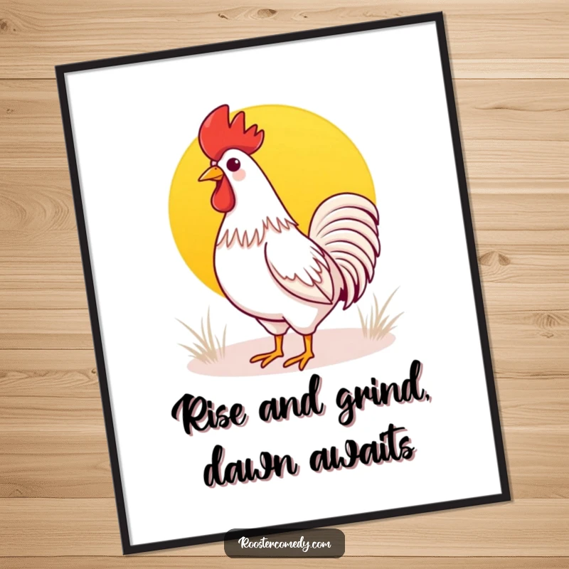 Funny Free Printable Wall Art: Whimsical Kawaii rooster crowing heartily at a beautiful, bright sunrise.