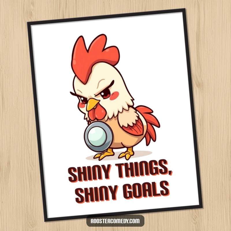 Funny free printable wall art of a rooster with a mischievous glint in its eye, focused on pecking a shiny button.