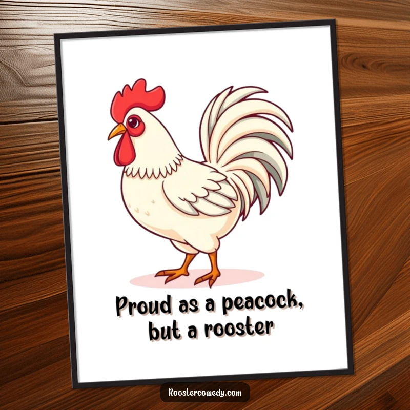 Funny Free Printable Wall Art: A Kawaii rooster strutting with immense pride, showcasing its beautifully fanned tail feathers.