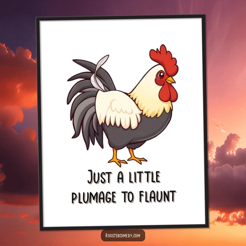 Funny Free Printable Wall Art: A sophisticated rooster proudly holding a single, distinguished feather, adding charm to any room.