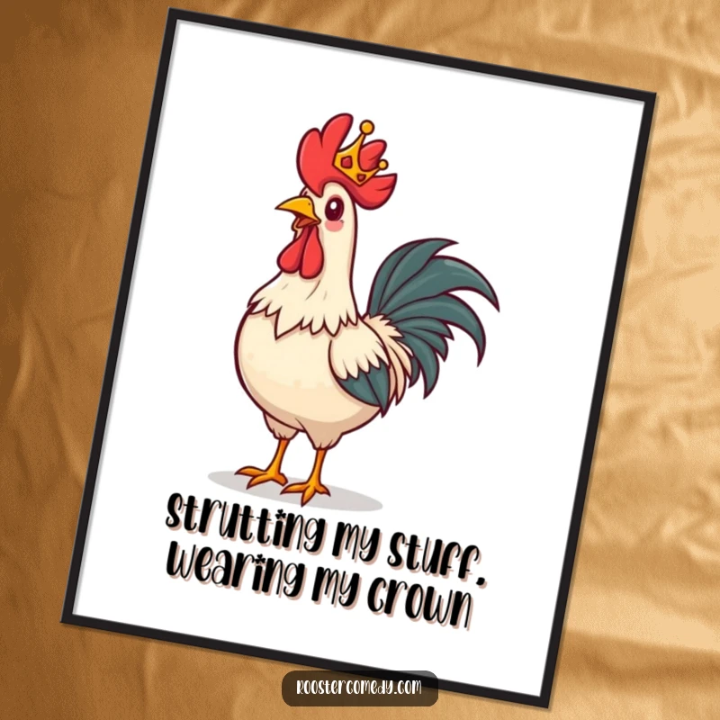 Funny free printable wall art of a rooster wearing a tiny crown, strutting proudly forward with a majestic air.