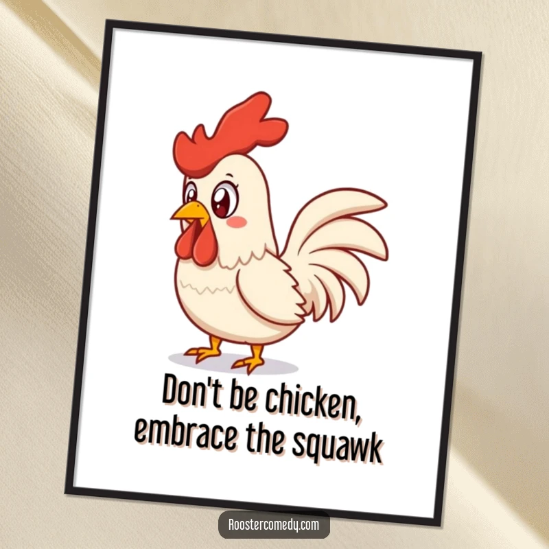 Funny Free Printable Wall Art: A rooster frozen mid-squawk with a comically shocked expression, ready to adorn any wall.