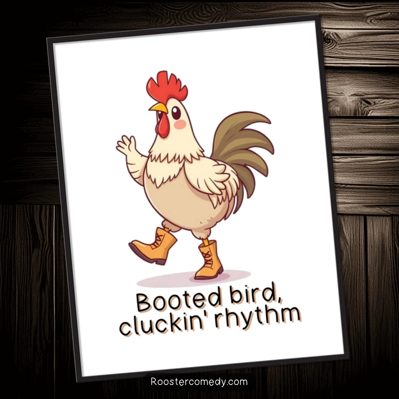 Funny Free Printable Wall Art: A rooster wearing adorable tiny boots does a jubilant, silly jig, embodying pure, uninhibited fun and laughter.