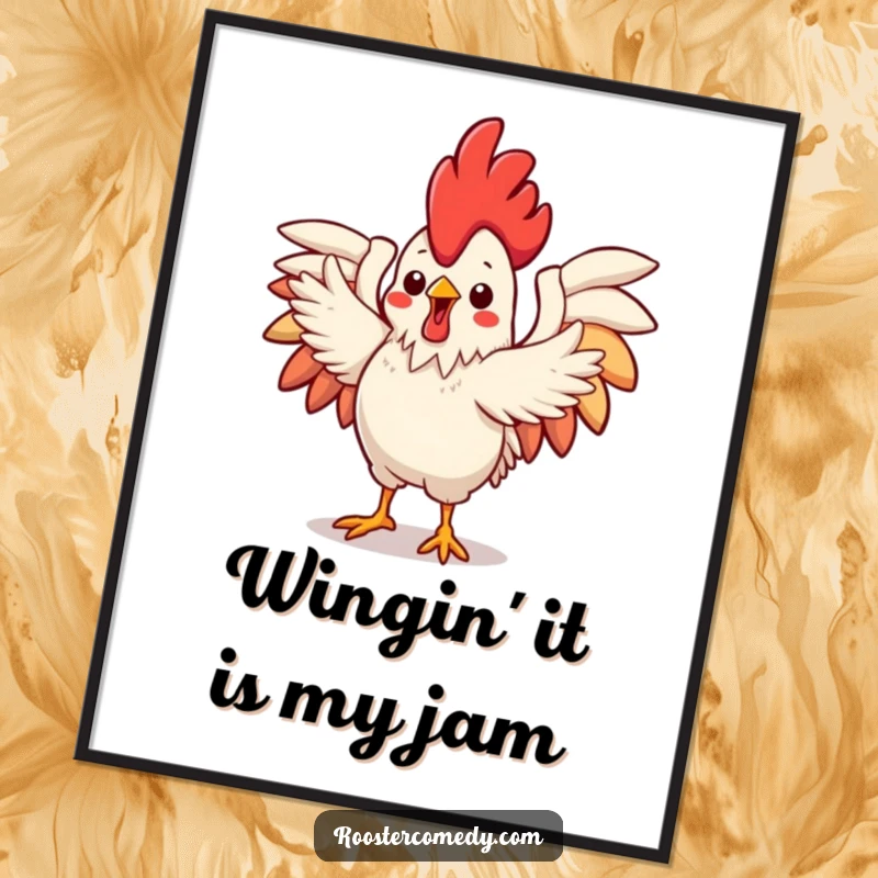 Funny Free Printable Wall Art: A kawaii rooster with outstretched wings performs a flamboyant, energetic dance.