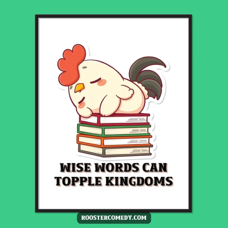 Funny Free Printable Wall Art: Dozing Rooster Book Tumble, Hilarious Downloadable Decor