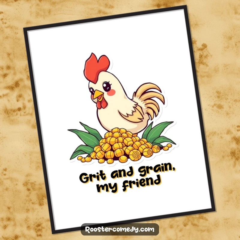 Funny Free Printable Wall Art: A small rooster with sparkling eyes is enthusiastically pecking at a pile of corn.