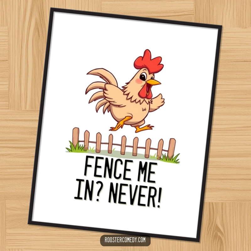 Funny Free Printable Wall Art: A rooster sporting a wide, energetic grin leaps over a low fence with joy.