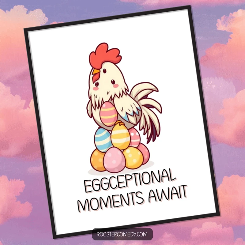 Funny Free Printable Wall Art: A kawaii rooster in a circus-like pose, expertly balancing a towering stack of colorful eggs.