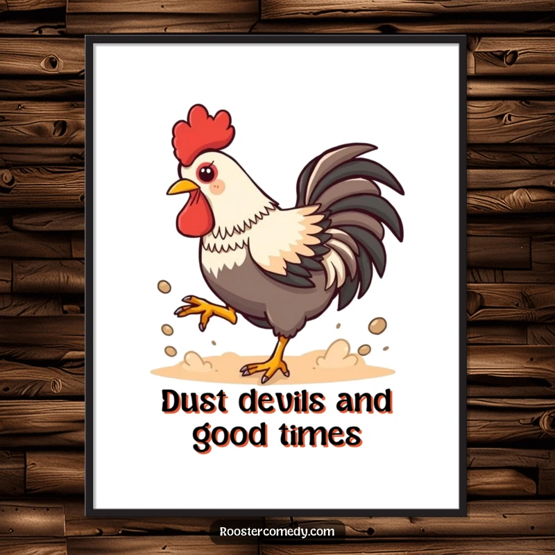 Funny Free Printable Wall Art: Playful Kawaii Rooster kicking up dust with energetic motion, showcasing fun, a lively downloadable piece.