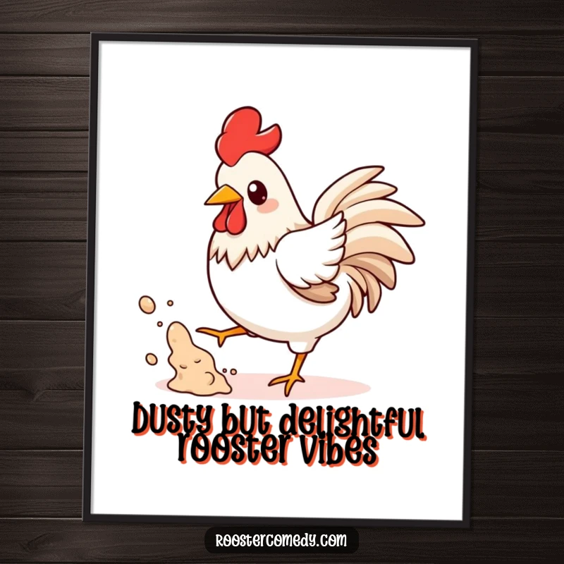 Funny Free Printable Wall Art: Playful kawaii rooster kicking up dust, a humorous and downloadable piece of energetic art.