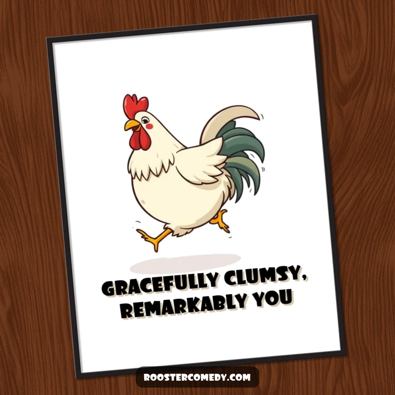 Funny Free Printable Wall Art: A rooster is hilariously tripping over its own feet during a hop, mid-air in a comical pose.
