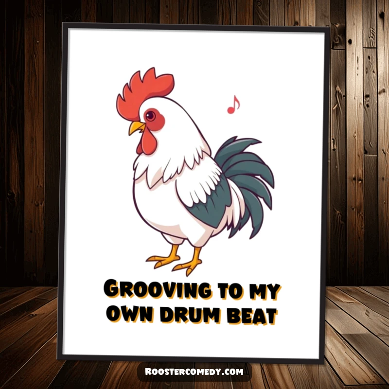 Funny Free Printable Wall Art: A rooster in motion, bobbing its head energetically to an invisible beat, radiating pure musical joy.