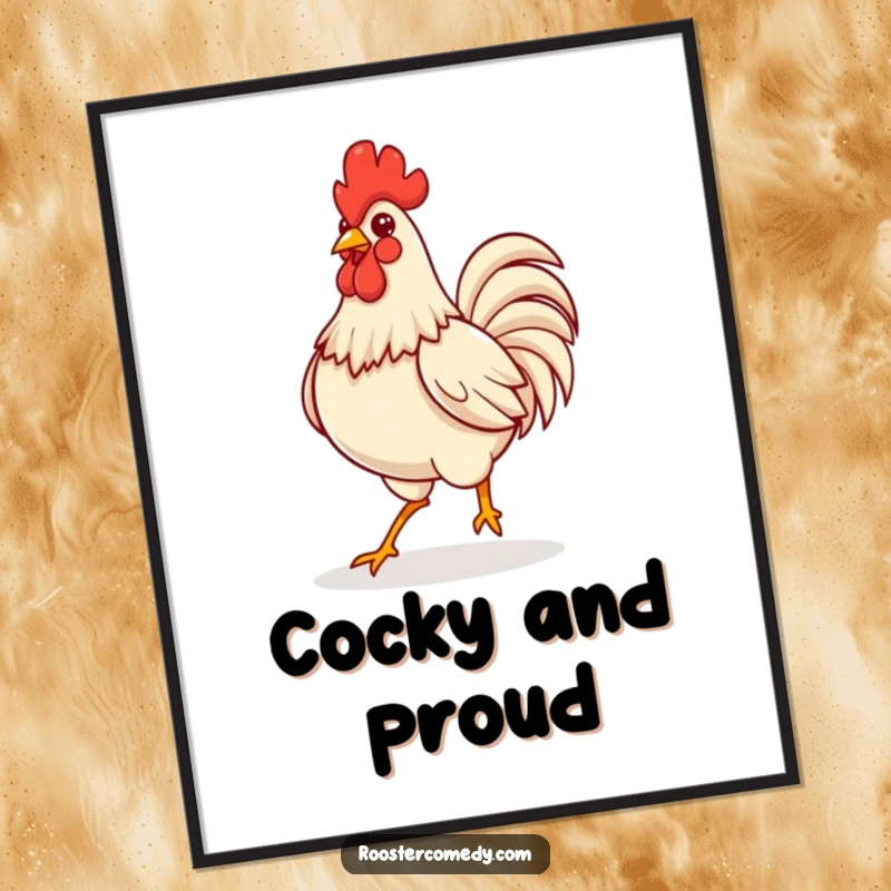 Funny Free Printable Wall Art of a Kawaii rooster strutting confidently with its chest puffed out proudly.