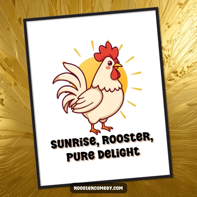 Funny Free Printable Wall Art of a cute Kawaii rooster proudly crowing against a vibrant rising sun.