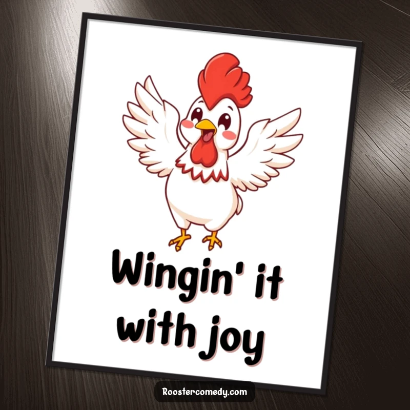 Funny Free Printable Wall Art of a Kawaii rooster with wings flapping enthusiastically, full of energetic glee.