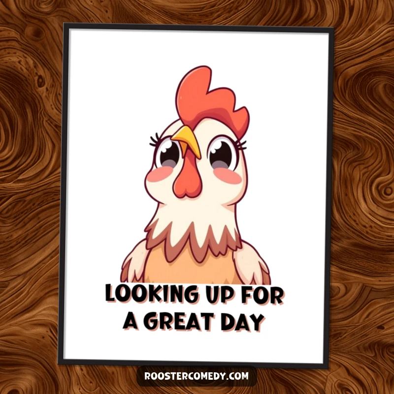 Funny Free Printable Wall Art: A rooster with comically wide, surprised eyes stares intently upwards at the vast expanse of the sky.