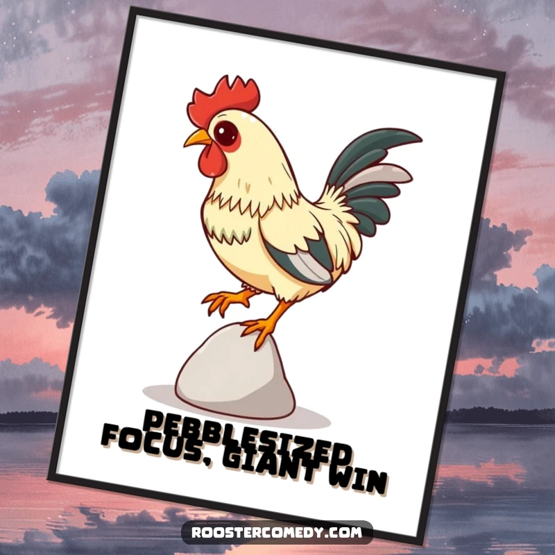 Funny Free Printable Wall Art: A rooster with intense focus, balancing on a very small, precarious pebble.