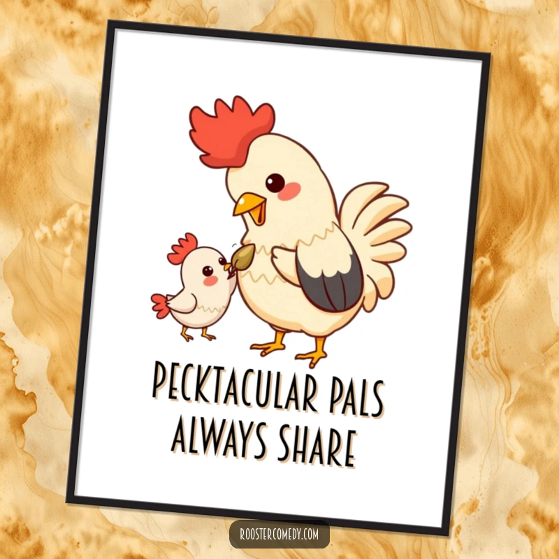 Funny Free Printable Wall Art: Kawaii rooster happily shares a single seed with a smiling feathered friend.