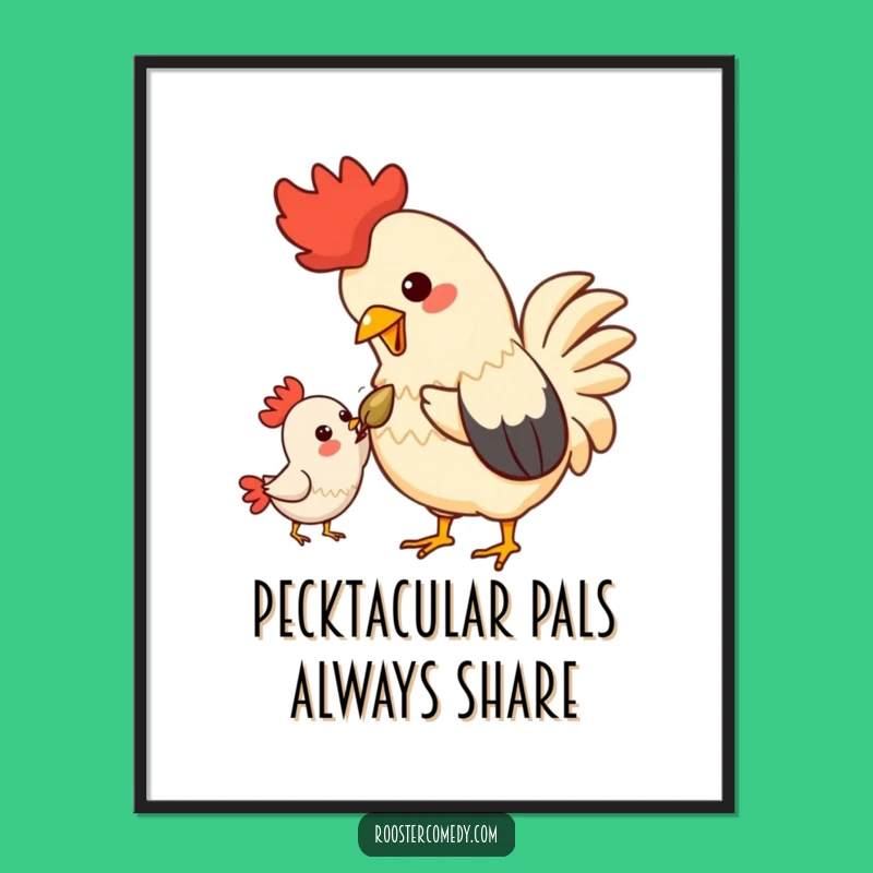 Funny Free Printable Wall Art: Kawaii Rooster Sharing, Quirky Downloadable Home Decor